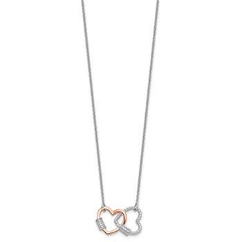 Sterling Silver Rh-plated Rose-tone Double Heart CZ w/2in ext Necklace — alternate view