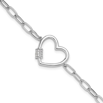 Sterling Silver Rhodium-plated with CZ Heart Paperclip Link 7.5in Bracelet