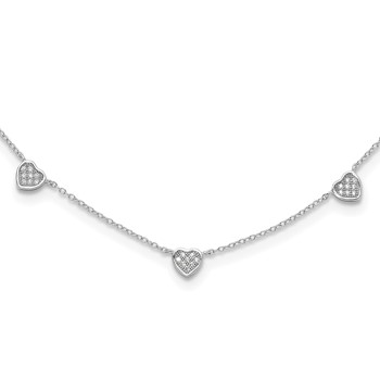 Sterling Silver RH-plated w/Micro Pave CZ Hearts 16in w/2in ext Necklace