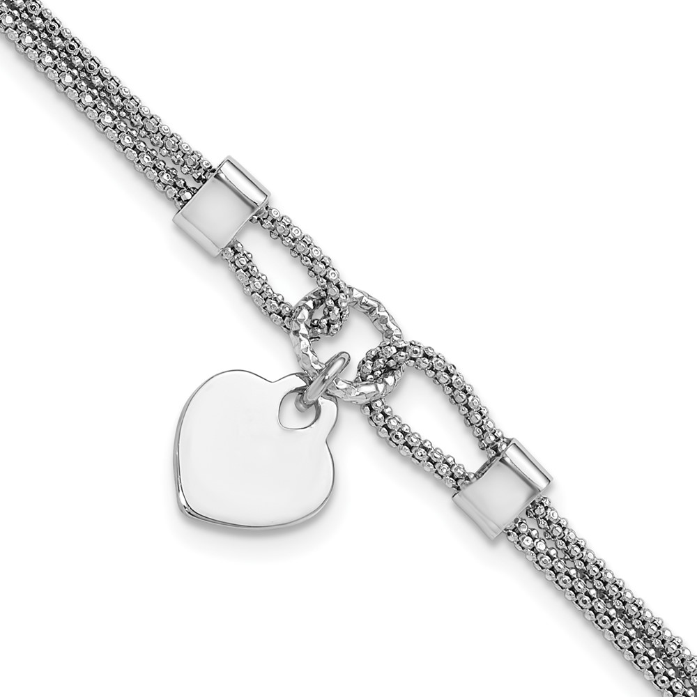 Sterling Silver Rhod-plated Polished Heart Dangle 6.5in 1.5in ext Bracelet