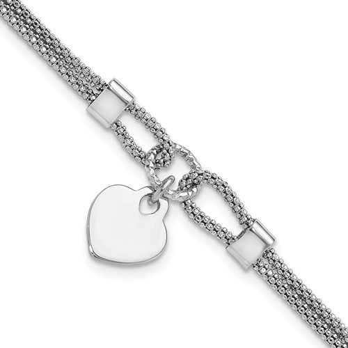 Sterling Silver Rhod-plated Polished Heart Dangle 6.5in 1.5in ext Bracelet