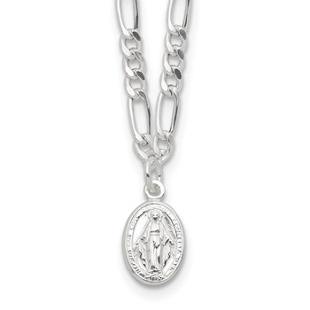 Sterling Silver RH-plated Miraculous Medal Link 16in w/2in ext. Necklace
