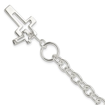 Sterling Silver E-Coated Double Open Cross Toggle Bracelet