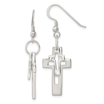 Sterling Silver Polished Double Open Cross Shepherd Hook Earrings