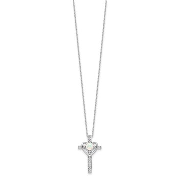 Sterling Silver RH-plated Created Opal and CZ Cross w/Heart 18in Necklace — alternate view