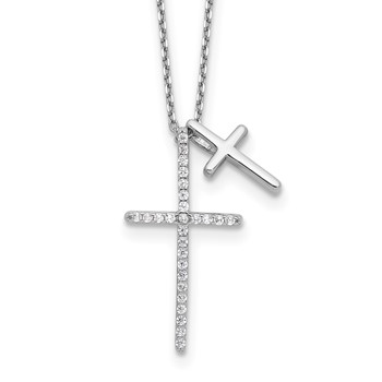 Sterling Silver Rhodium-plated with CZ Double Cross 16in +2in ext Necklace