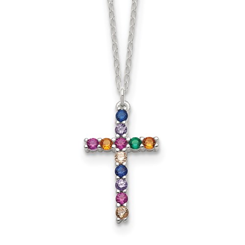 SS Multi Color E-Coating CZ Cross 16in w/2in ext Necklace