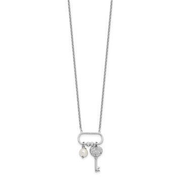 Sterling Silver Rhodium-plated CZ Key/Glass Pearl 16in w/2in ext Necklace — alternate view