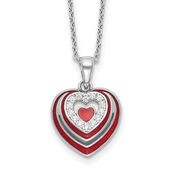 Sterling Silver Rh-plated CZ and Red Enamel Heart w 1/in. ext Necklace