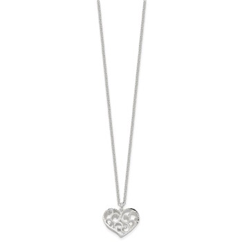 Sterling Silver RH-pltd Brushed D/C Filigree Heart w/2 in ext Necklace — alternate view