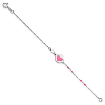 Sterling Silver Polished Pink Enamel Heart Children's 6in Bracelet — alternate view