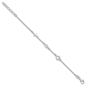 Sterling Silver RH-plated CZ Heart & Cross w/1in Ext. Children's Bracelet — alternate view