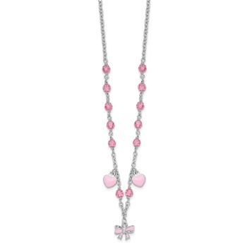 Sterling Silver Rhodium-plated Polished Pink Enamel & Crystal Hearts & Bow w/ 1 inch Extension Children's Necklace — alternate view