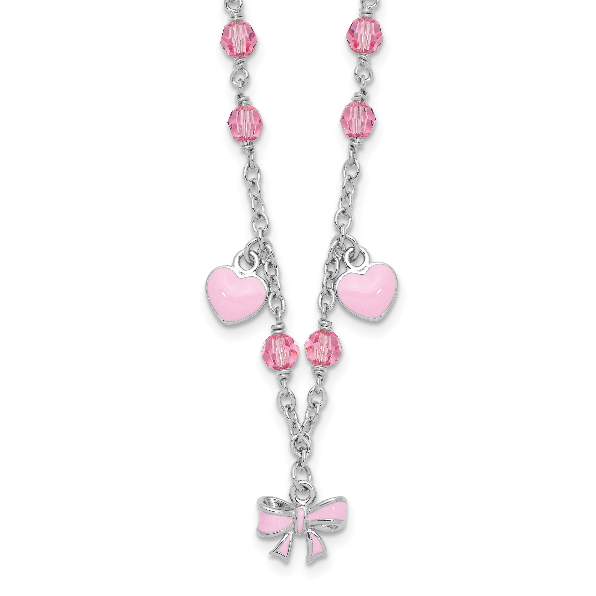 Sterling Silver Rhodium-plated Polished Pink Enamel & Crystal