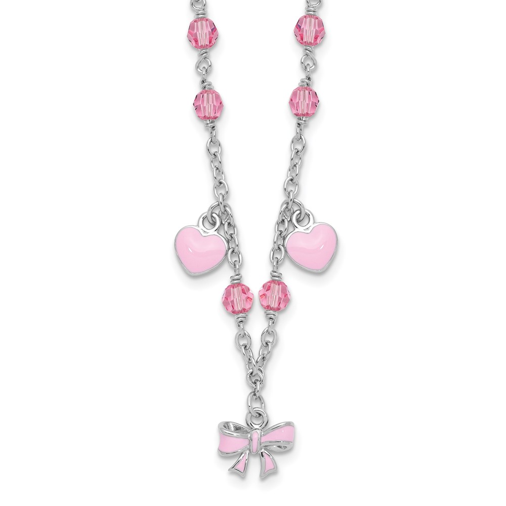 SS Rh-plated Crystal & Pink Enamel Heart 13 inch w/ 1in ext Necklace