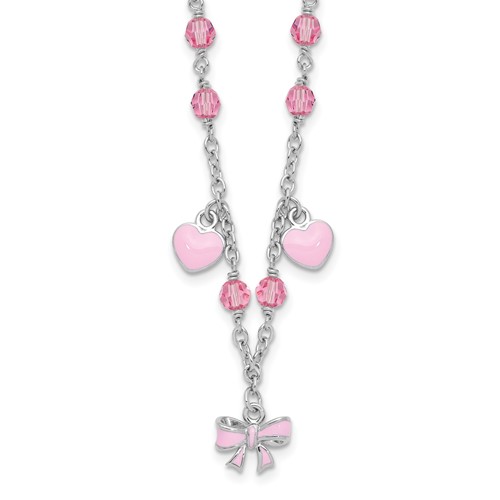 SS Rh-plated Crystal & Pink Enamel Heart 13 inch w/ 1in ext Necklace