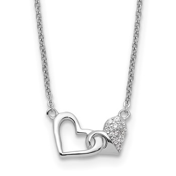 Sterling Silver Rhodium-plated CZ Double Heart 16IN Plus 2IN Ext Necklace