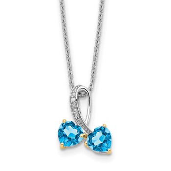Sterling Silver/14k RH-plated Bl Topaz/Diamond Heart 18in with 2in ext Necklac