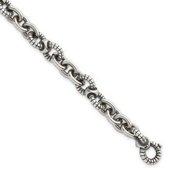 Sterling Silver Oxidized Polished and Textured Round Fancy Cable Link Mens 8.25 inch Bracelet
