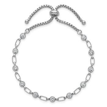Sterling Silver Rhodium-plated Polished Round CZ and Rectangle Link Adjustable Bolo Bracelet — alternate view