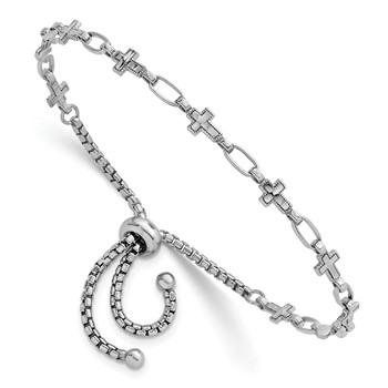 Sterling Silver Rhodium-plated Polished Cross and Rectangle Link Adjustable Bolo Bracelet