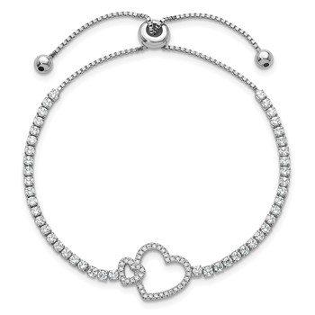 Sterling Silver Rhodium-plated Polished CZ Two Hearts Adjustable Bolo Bracelet — alternate view