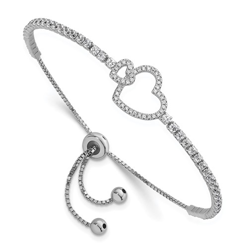Sterling Silver Rhodium-plated CZ Heart Adjustable Bolo Bracelet