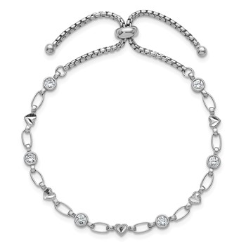 Sterling Silver Rhodium-plated Polished Round CZ and Diamond-cut Heart Adjustable Bolo Bracelet — alternate view