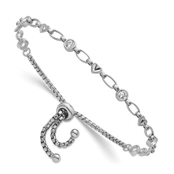 Sterling Silver Rhodium-plated Polished Round CZ and Diamond-cut Heart Adjustable Bolo Bracelet