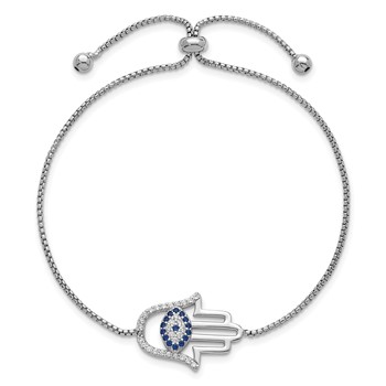 Sterling Silver Rhodium-plated Polished Lab Created Blue Spinel and CZ Evil Eye Hamsa Adjustable Bolo Bracelet — alternate view