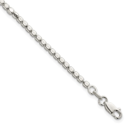 Sterling Silver Polished and Square Beaded 7in w/1in Ext. Bracelet
