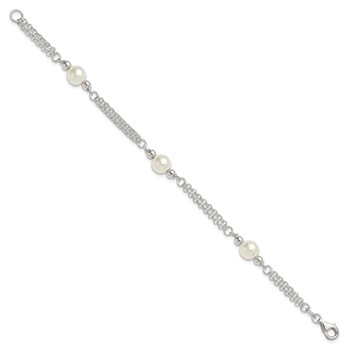 Sterling Silver Polished Double Strand with Glass Pearls 7.5 inch 3-Station Bracelet — alternate view