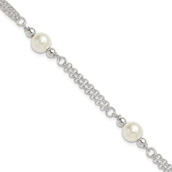 Sterling Silver Polished Double Strand with Glass Pearls 7.5 inch 3-Station Bracelet