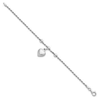 Sterling Silver Rhodium-plated Puffed Heart Dangle and Beads 7 inch Rope Chain Bracelet — alternate view