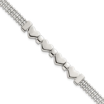 Sterling Silver Polished and Beaded 4-Hearts 7.25 Inch Bracelet