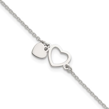 Sterling Silver Polished Double Heart 7 inch with 1 inch Extension Bracelet