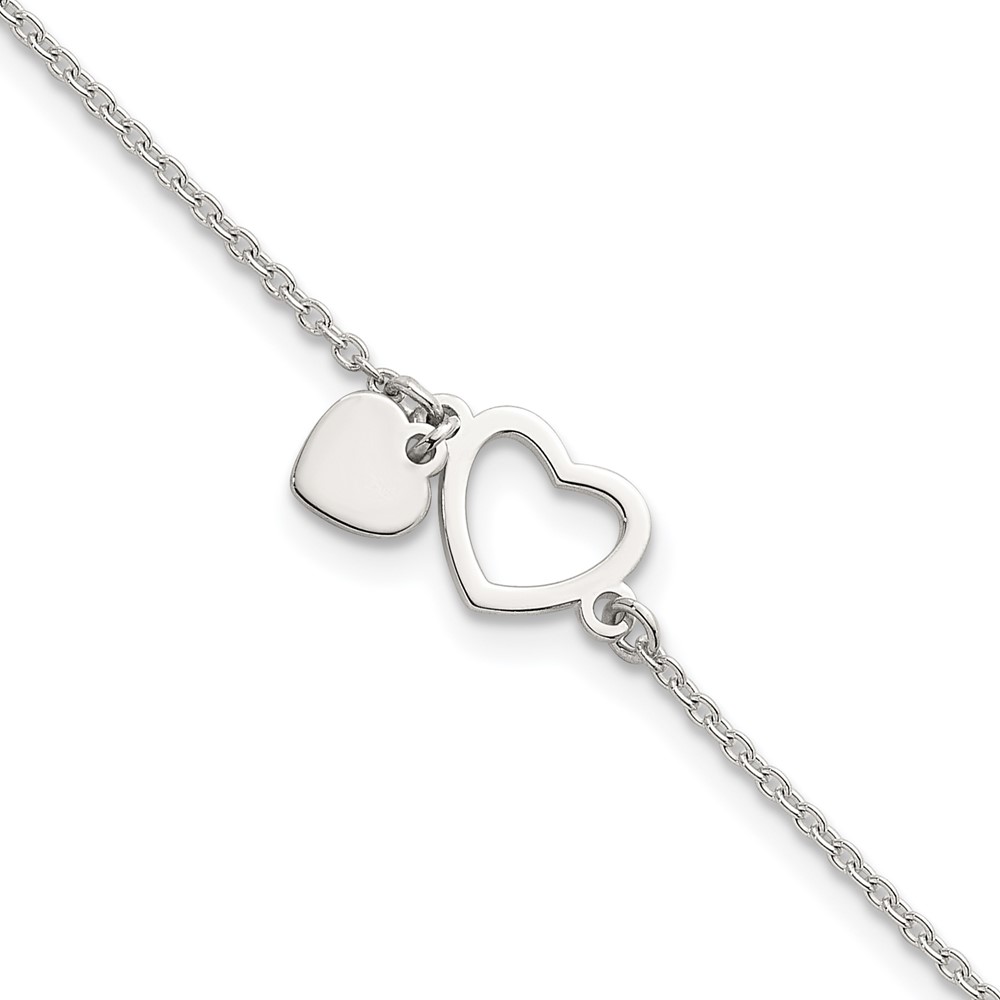 Sterling Silver Polished Double Heart w/1in Ext Bracelet