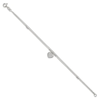 Sterling Silver Polished and Beaded with White CZ Heart Double Strand 7.5 inch Bracelet — alternate view