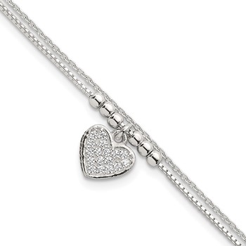 Sterling Silver Polished and Beaded with White CZ Heart Double Strand 7.5 inch Bracelet