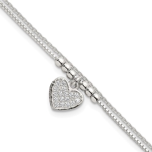 Sterling Silver Polished and Beaded CZ Heart 2-Strand Bracelet