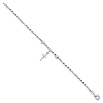 Sterling Silver Rhodium-plated Cross Dangle and Beads 7 inch Rope Chain Bracelet — alternate view