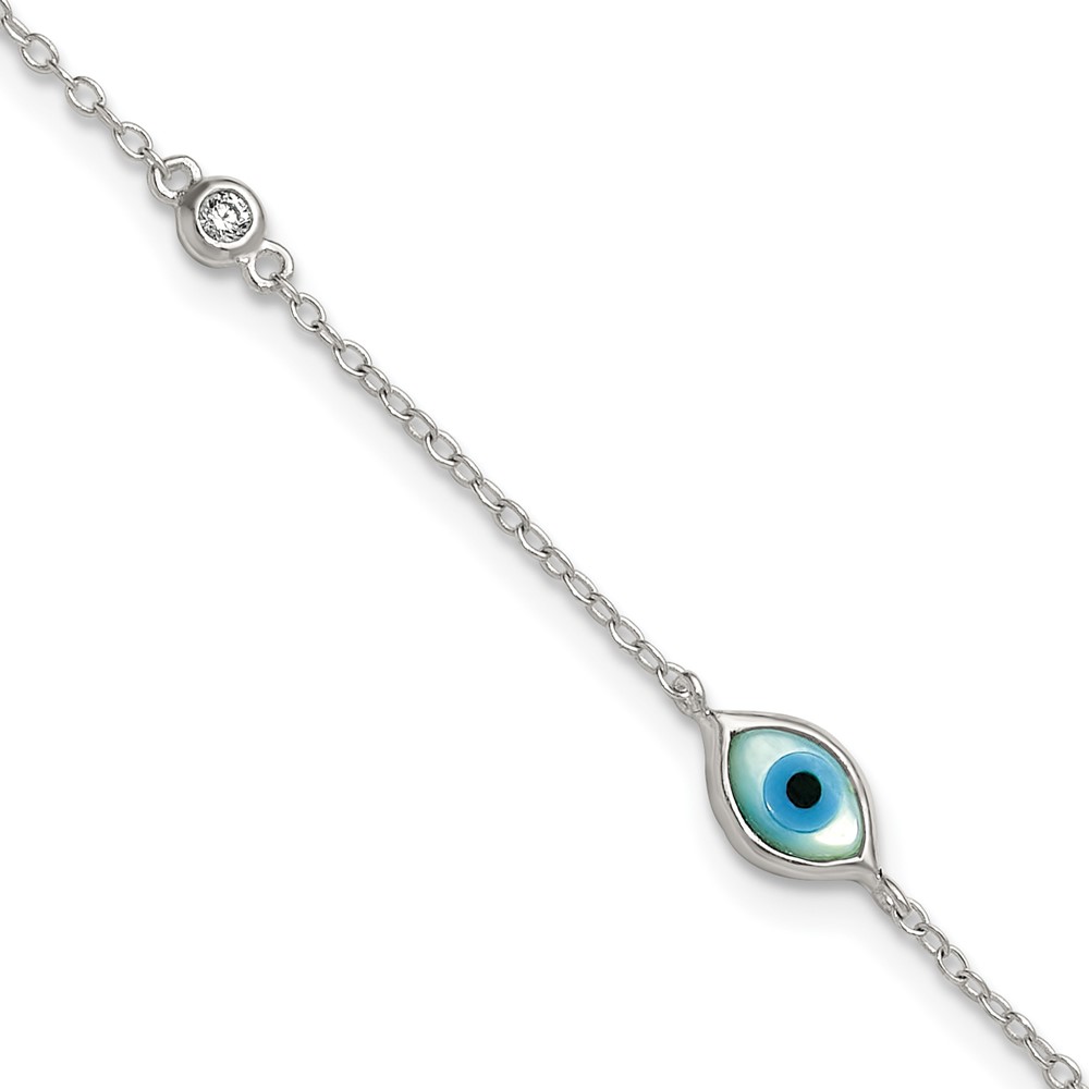 Sterling Silver CZ and Mother Of Pearl Evil Eye 6.75in w/.5in Ext Bracelet
