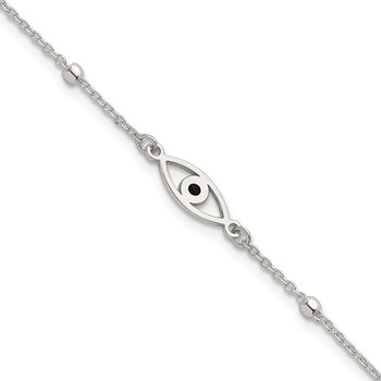 Sterling Silver Polished Beaded Black Enamel Evil Eye 7 inch with 1 inch Extension Bracelet