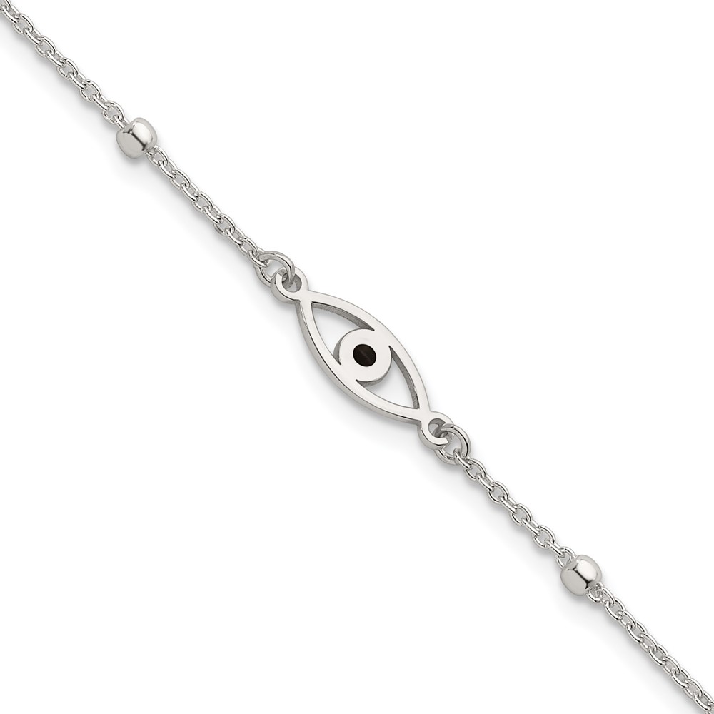 Sterling Silver Polished Black Enamel Evil Eye w/1in Ext Bracelet