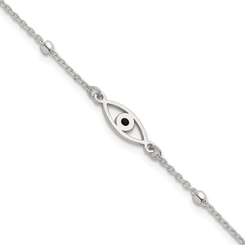 Sterling Silver Polished Black Enamel Evil Eye w/1in Ext Bracelet