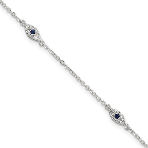 Sterling Silver Polished Blue and White CZ Evil Eye 7in w/ 1in Ext Bracelet