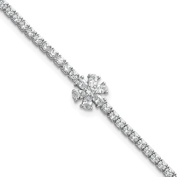 Sterling Silver Rhodium-plated Polished CZ Flower 7.25 inch Tennis Bracelet