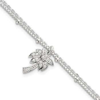 Sterling Silver Polished and Beaded White CZ Palm Tree Dangle Double Strand 7.5 inch Bracelet