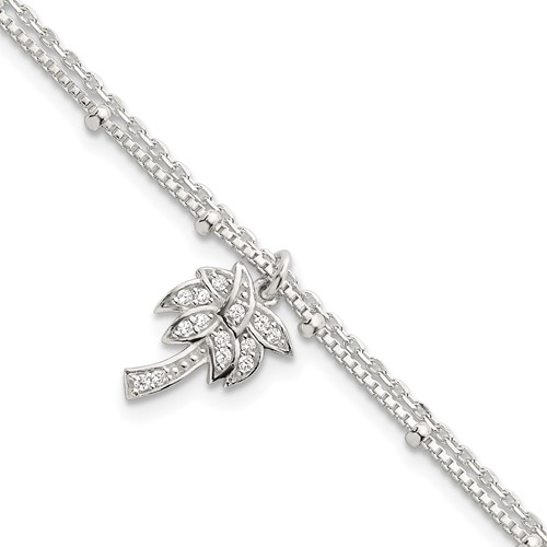 Sterling Silver Polished and Beaded CZ Palm Tree 2-Strand Bracelet