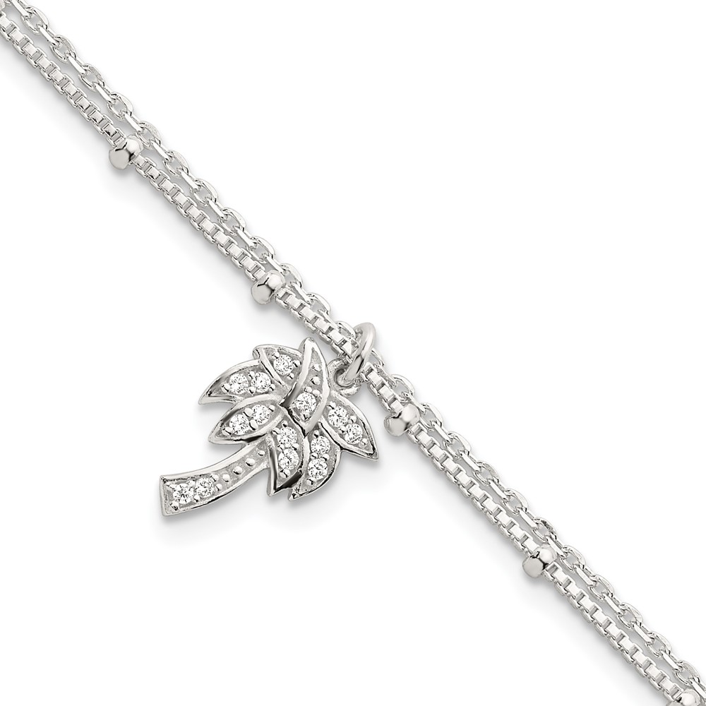 Sterling Silver Polished and Beaded CZ Palm Tree 2-Strand Bracelet